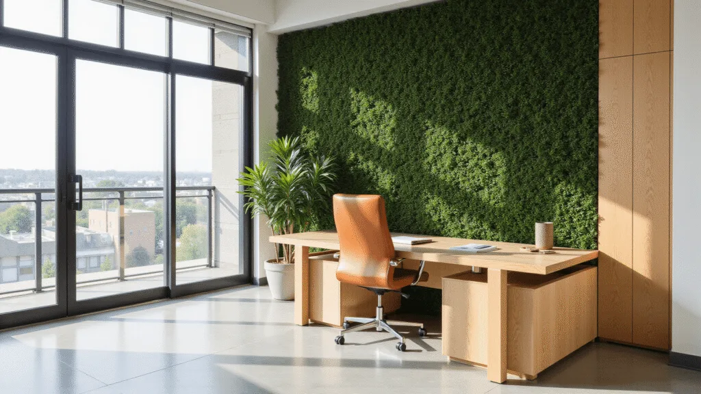 "Modern office with biophilic design featuring a living wall, teak desk, leather chair, morning sunlight through floor-to-ceiling windows in a minimalist loft style"