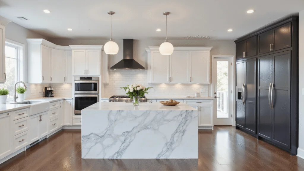 "Modern kitchen with black appliances, white cabinets, and a marble island under morning sunlight"