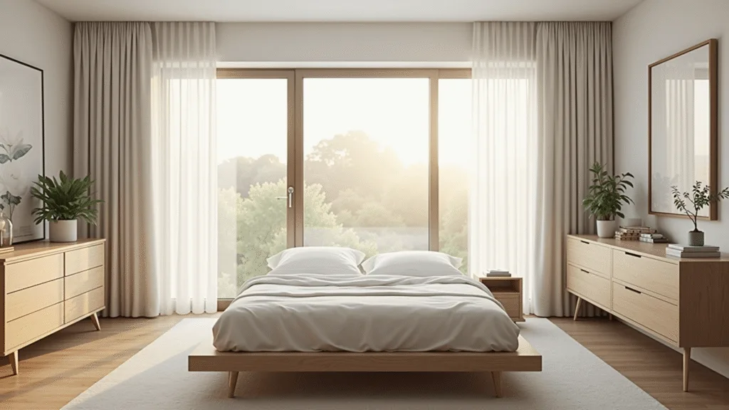 "Scandinavian minimalist style modern bedroom with white linens, light oak furniture and sheer curtains, bathed in golden hour sunlight"