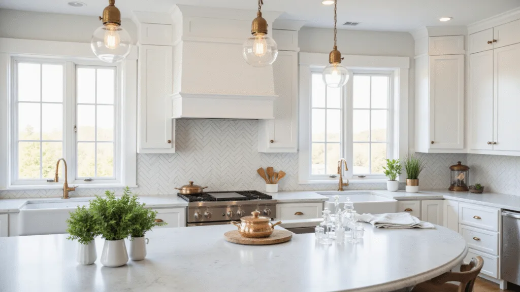 "Sunlit modern white kitchen with herringbone backsplash, shaker cabinets, quartz countertops, and brass hardware, featuring crystal pendant lights over a marble island"