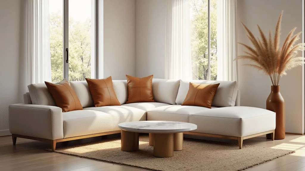 "Sun-drenched modern living room with cream bouclé sectional, cognac leather pillows, marble coffee table, dried pampas grass in a vase, and warm golden light creating an elegant fall atmosphere"