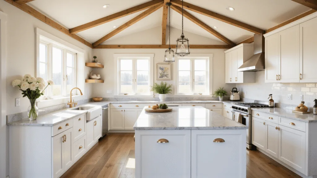 "Modern farmhouse kitchen with white shaker cabinets, marble countertops, brass hardware, wooden ceiling beams, and oak flooring in a bright, airy atmosphere"