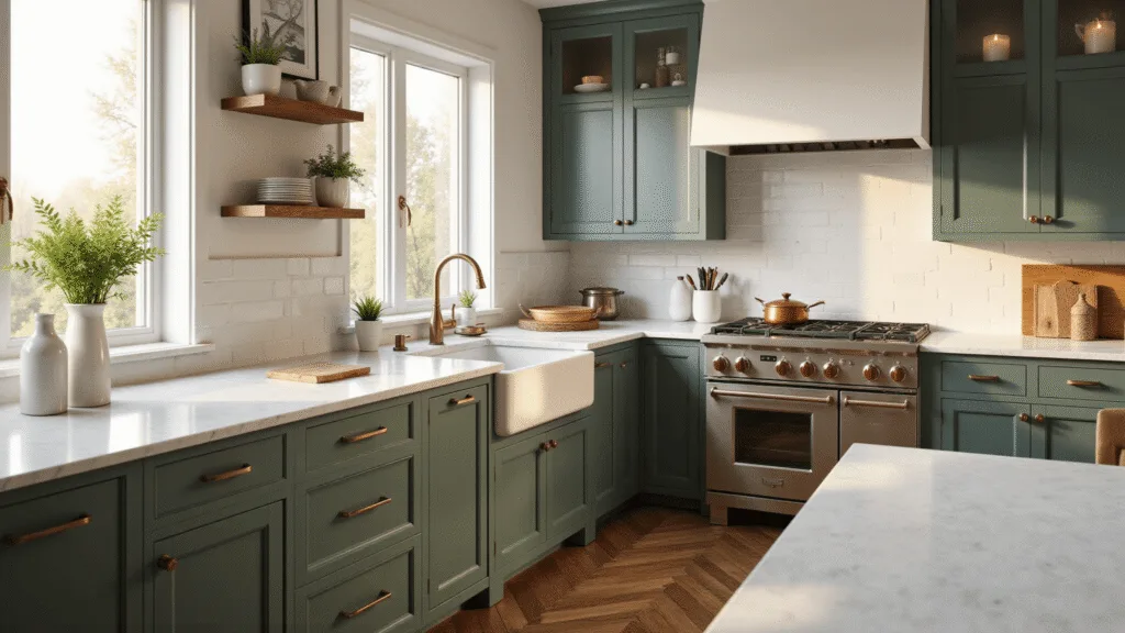 "Modern farmhouse kitchen with Pewter Green cabinets, white marble countertops, brass hardware, and herringbone wood floors, decorated with white ceramic vases and vintage copper cookware"