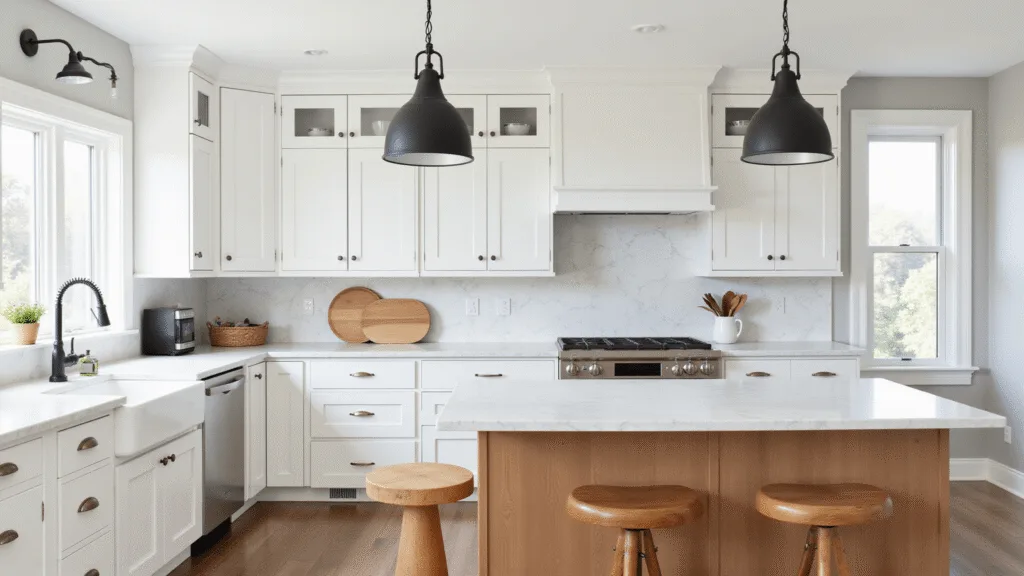 "Modern farmhouse kitchen with white Shaker-style cabinets, maple wood island, Carrara marble countertops, and vintage pendant lights, bathed in natural sunlight."