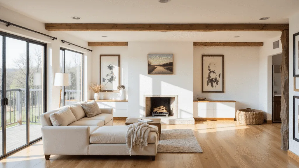 "Sunlit modern farmhouse living room with cream sectional, oak floors, exposed beams, and neutral decor"