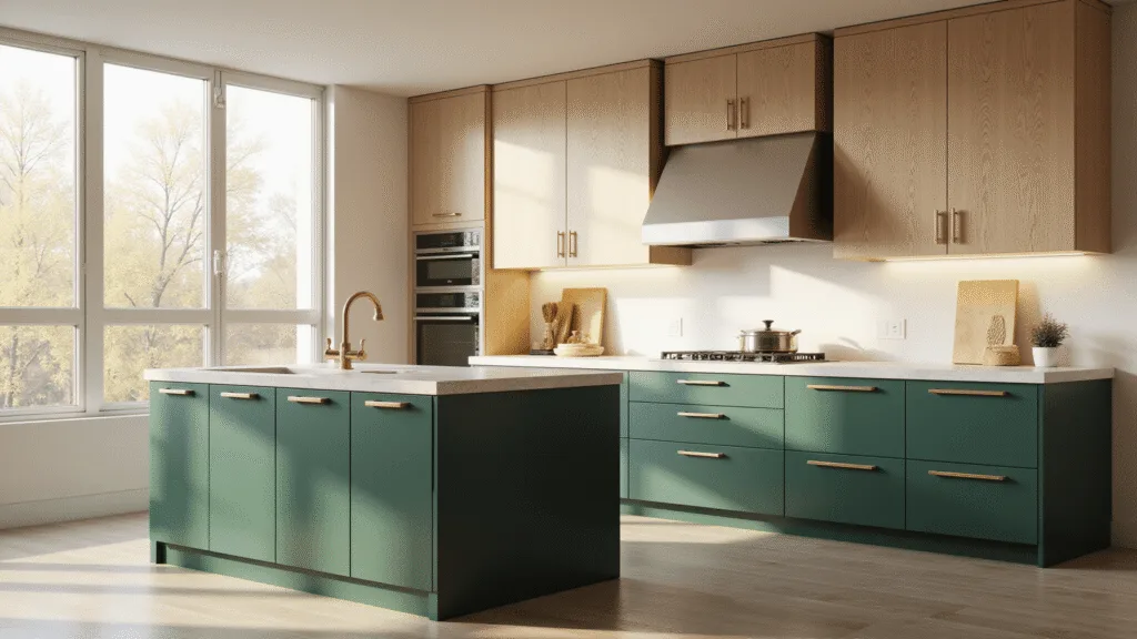 "Modern kitchen with forest green and white oak cabinets, brass hardware, and a quartz countertop island, bathed in morning sunlight"
