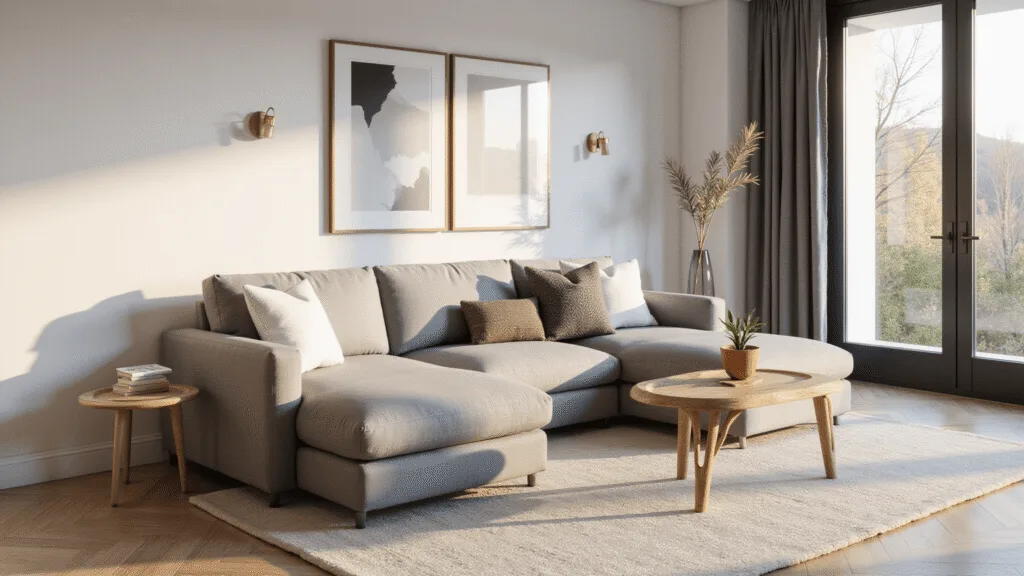 "Modern living room with grey sectional sofa, oak herringbone floors, cream rug, and golden hour sunlight streaming through floor-to-ceiling windows"