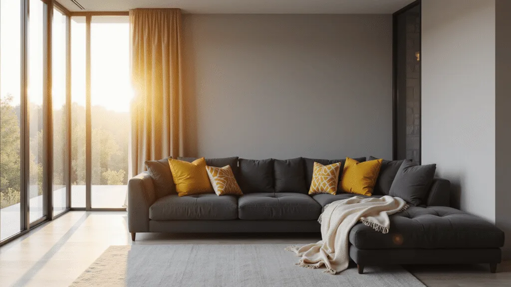 "Modern living room with dark grey couch, yellow pillows, cream throw blanket, and sunlit floor-to-ceiling windows"