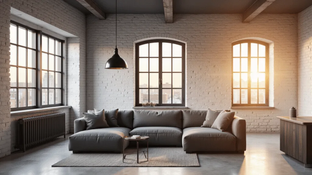 "Modern urban loft with exposed brick walls, industrial pendant lights and charcoal sofa during golden hour"