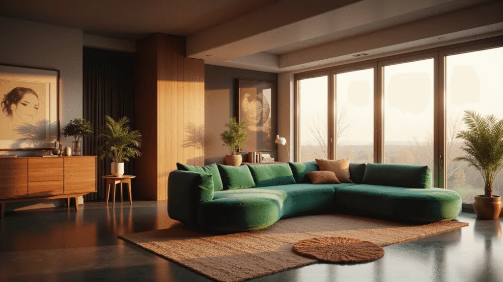 "Contemporary living room with emerald green velvet sofa, layered rugs, mid-century sideboard, and floor-to-ceiling windows bathed in warm golden hour light"