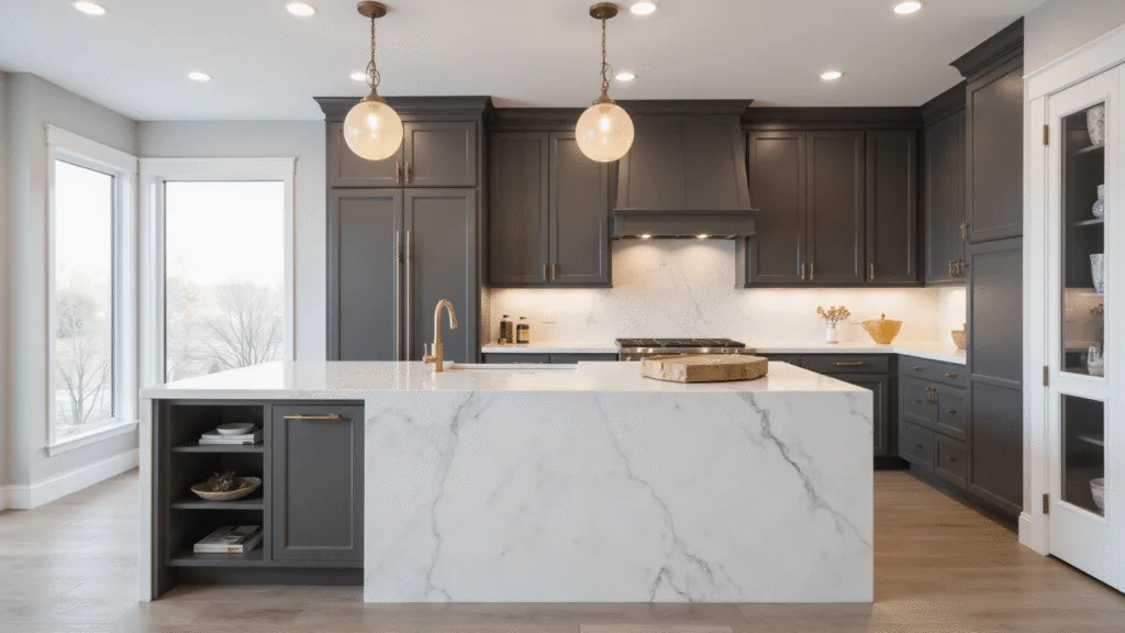 "Modern luxury kitchen with dark taupe cabinets, white quartz waterfall island, brass lighting, marble backsplash, and natural light"