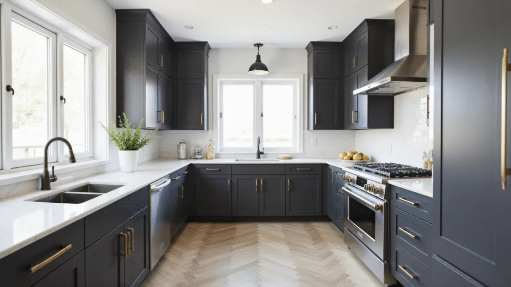 "Modern dark grey kitchen with white marble countertops, brass hardware, stainless steel appliances, herringbone oak floor and a lone potted herb"