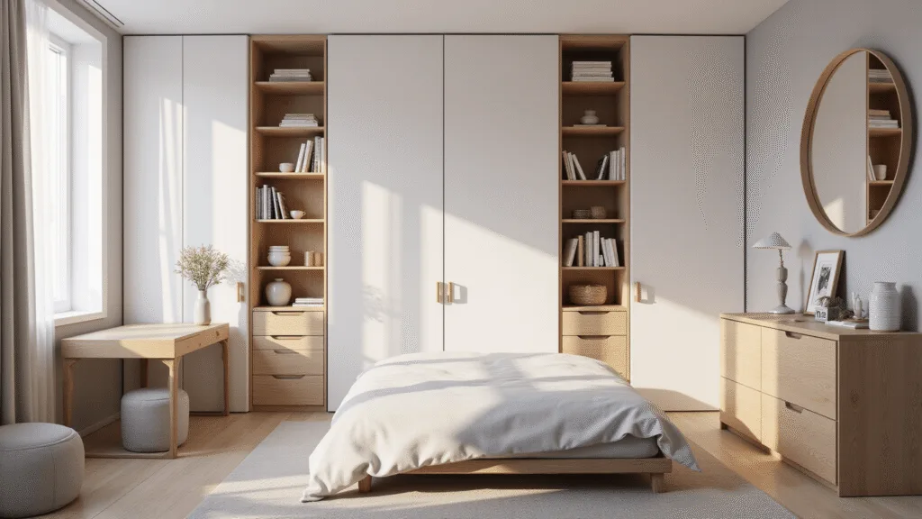 "Modern minimalist bedroom with vertical storage, mirrors, multifunctional furniture, and soft lighting against a neutral background"