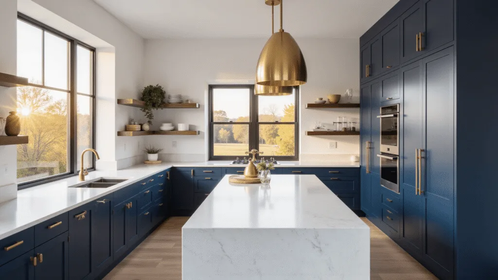 "Modern kitchen with navy blue cabinets, white quartz countertops, brass hardware and accents catching golden hour sunlight"