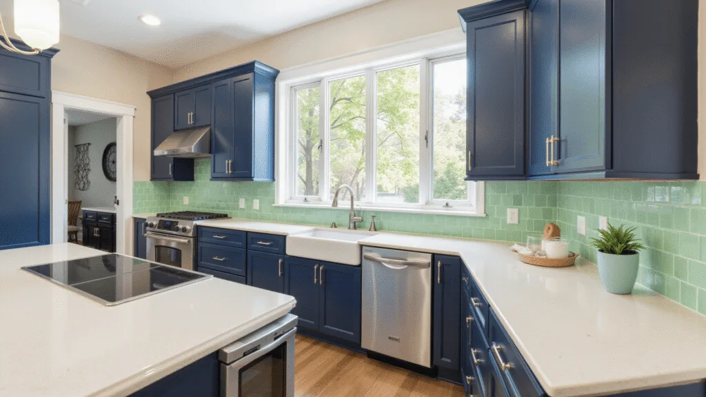 "Modern kitchen with navy cabinets, quartzite countertops, mint green backsplash under natural morning light"