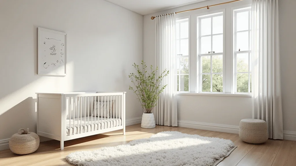 "Modern minimalist nursery with white crib, light oak floors and morning sunlight streaming through windows"