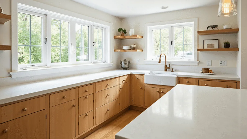 "Modern kitchen with golden oak cabinets, white quartz countertops, brass hardware under natural sunlight, with minimal styling creating a bright and airy atmosphere"