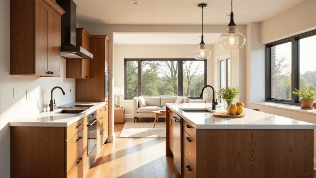 "Sunlit modern oak kitchen with white quartz countertops, warm wood grain patterns, and floor-to-ceiling windows creating a bright and minimalist interior."