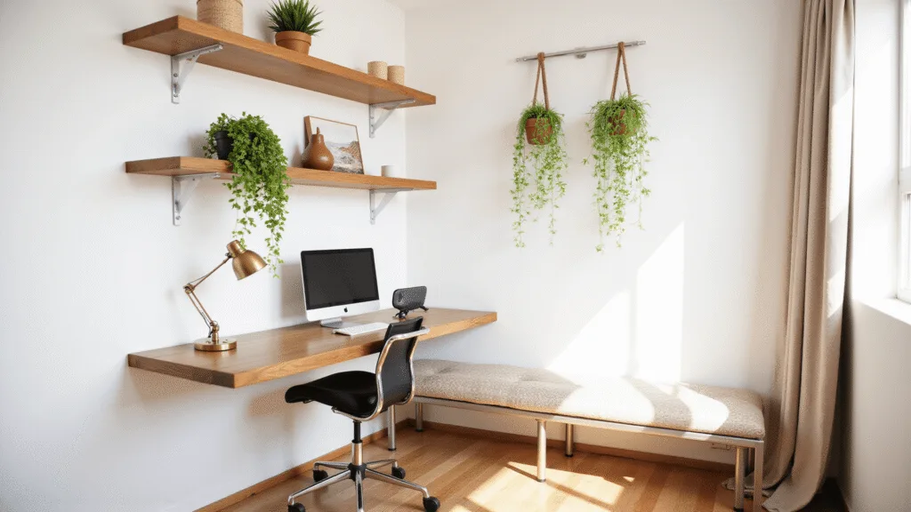 "Modern home office nook with floating walnut desk, ergonomic chair, hanging plants, minimalist decor, and natural light through sheer curtains"