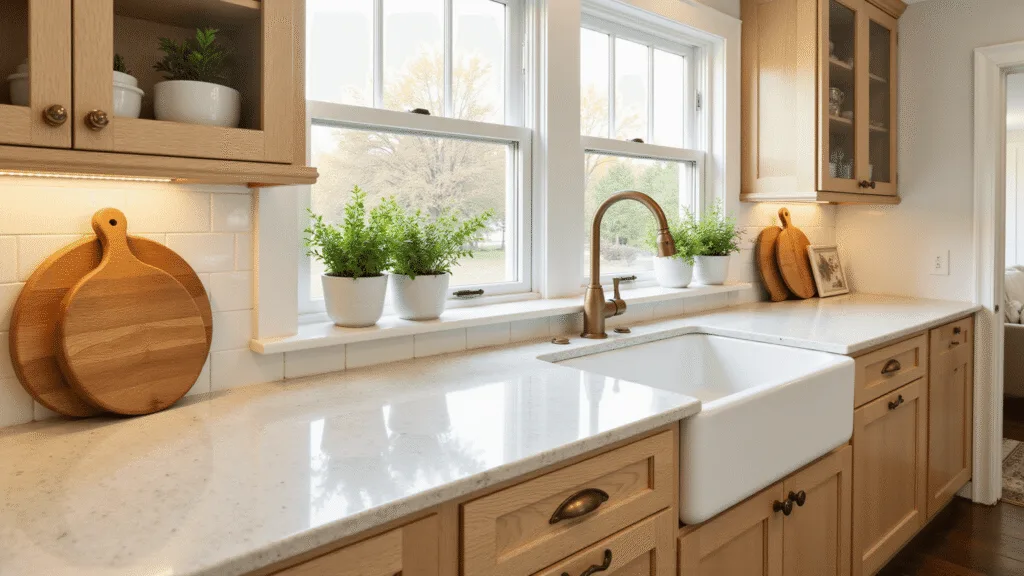 "Bright, modern kitchen with Pale Oak cabinets, Taj Mahal quartzite countertops, and brass accents, bathed in warm, natural light from east-facing windows"