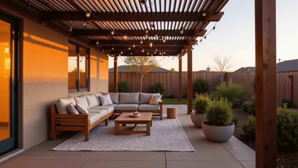 "Modern patio during golden hour with teak furniture, string lights, and lush greenery under a wooden pergola"