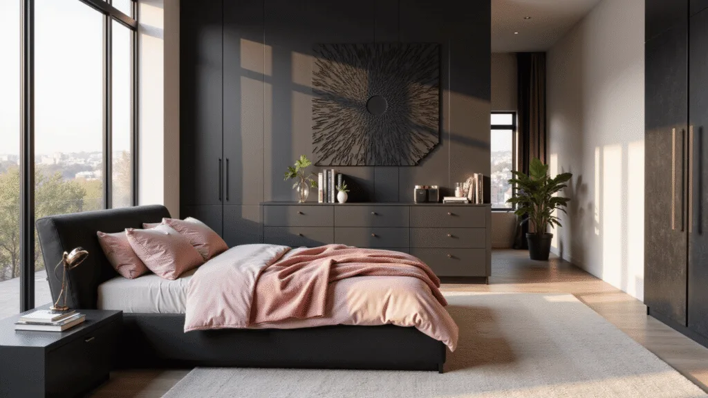 "Stylish modern bedroom with black bed, pink bedding, geometric wall art and silver accents under warm golden hour lighting"