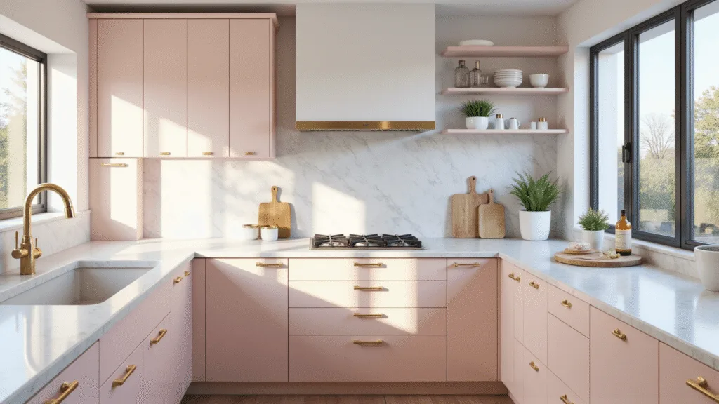 "Modern sunlit kitchen with blush pink cabinets, white marble countertops, and brass hardware"