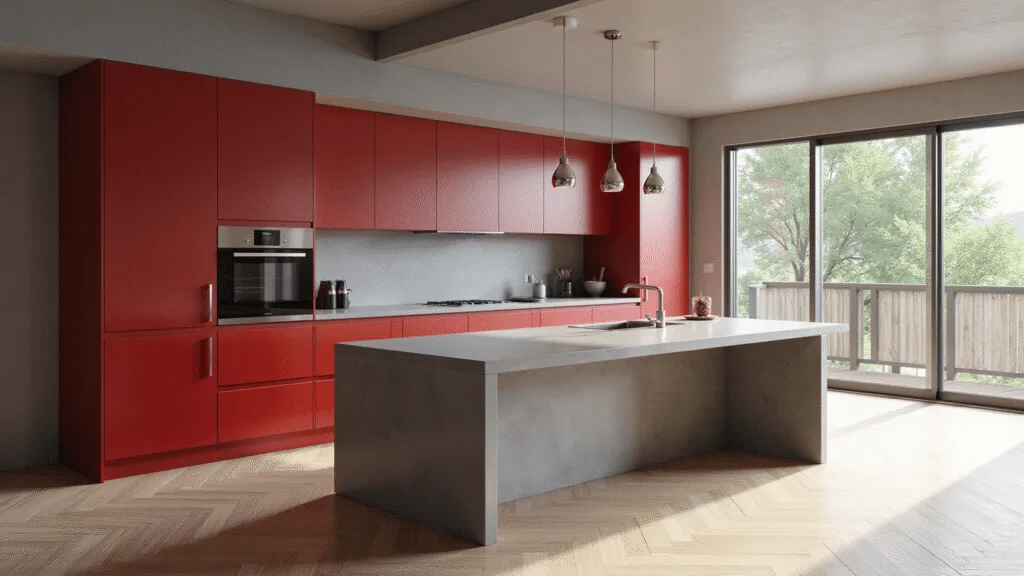 "Modern kitchen with crimson matte cabinets, concrete island, chrome pendant lights, and oak herringbone flooring in a sunlit contemporary space"