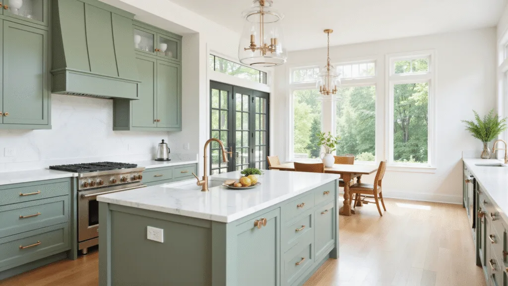 "Modern kitchen with sage green cabinets, brass hardware, white marble countertops, and natural light streaming through large windows"