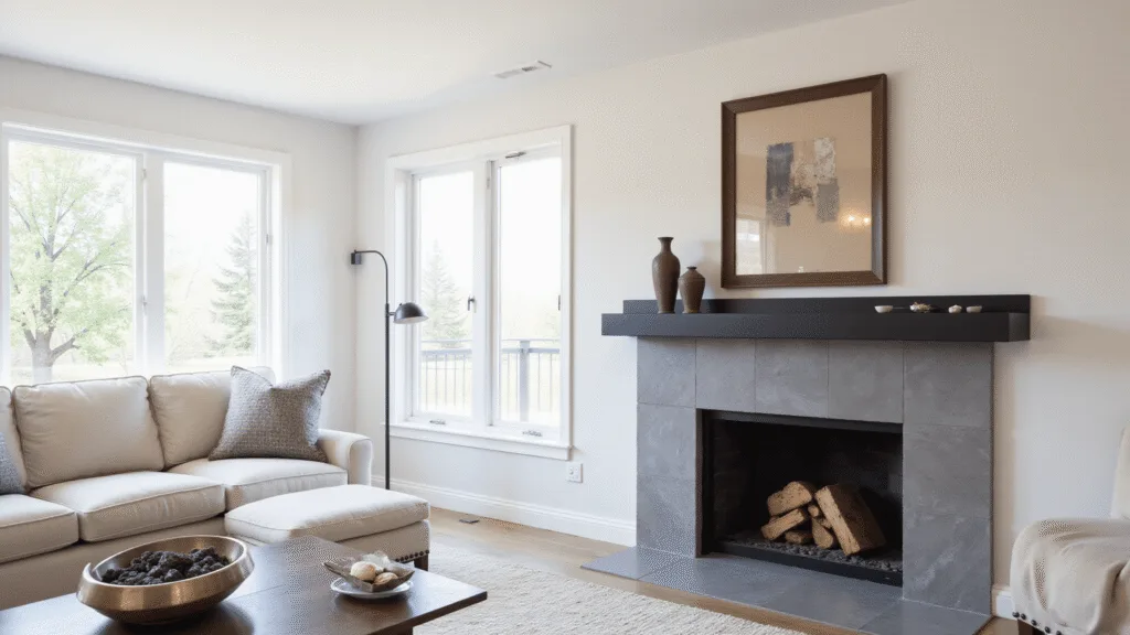 "Contemporary minimalist living room with black steel floating mantel mounted on gray stone fireplace, and abstract art hanging above, bathed in natural light from nearby windows"