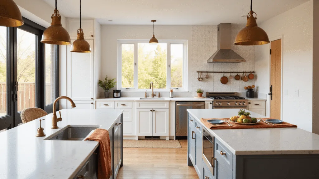 "Modern kitchen interior in warm golden hour light, featuring white oak floors, marble island, brass pendant lights and hanging copper pots on pegboard wall"