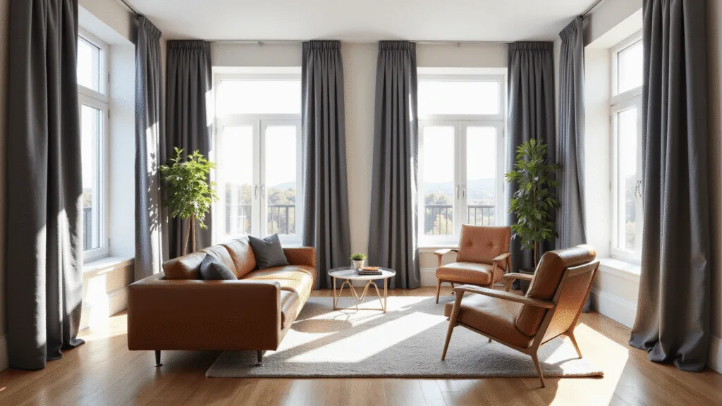 "Modern living room with charcoal curtains, leather sectional sofa, and hardwood floors in sunlight"
