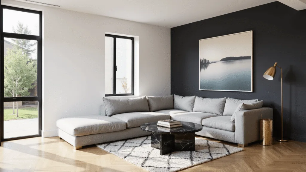 "Sunlit contemporary living room with minimalist decor, L-shaped gray sofa, black marble coffee table, brass lamp, abstract art on charcoal wall, oak flooring and Moroccan rug"