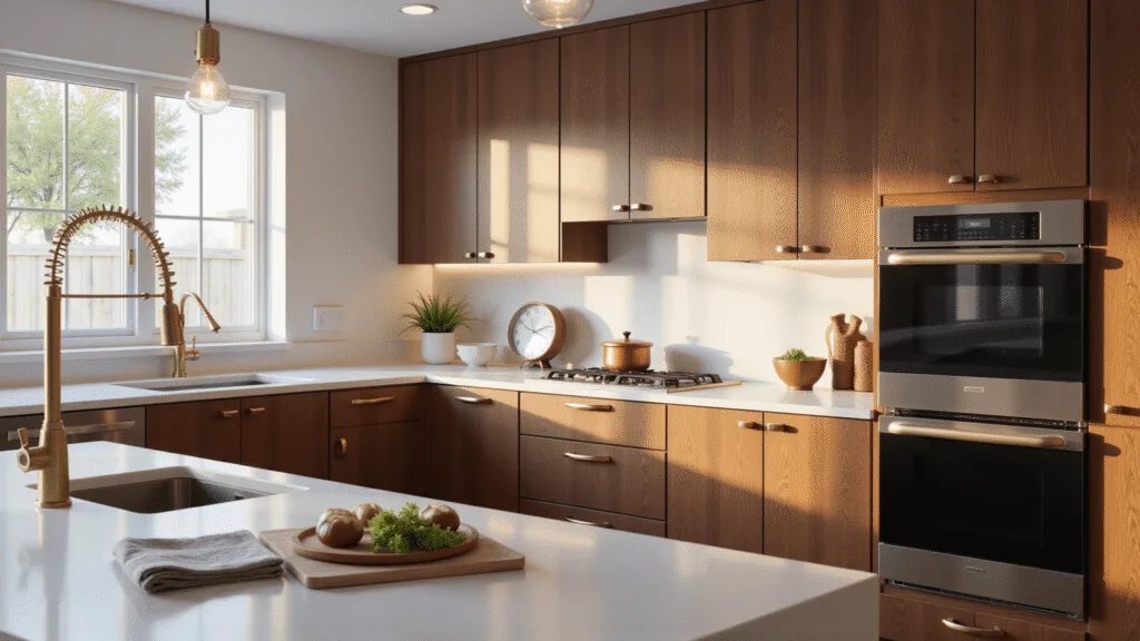 "Modern kitchen with walnut cabinets, white quartz countertops, brass hardware and morning sunlight"