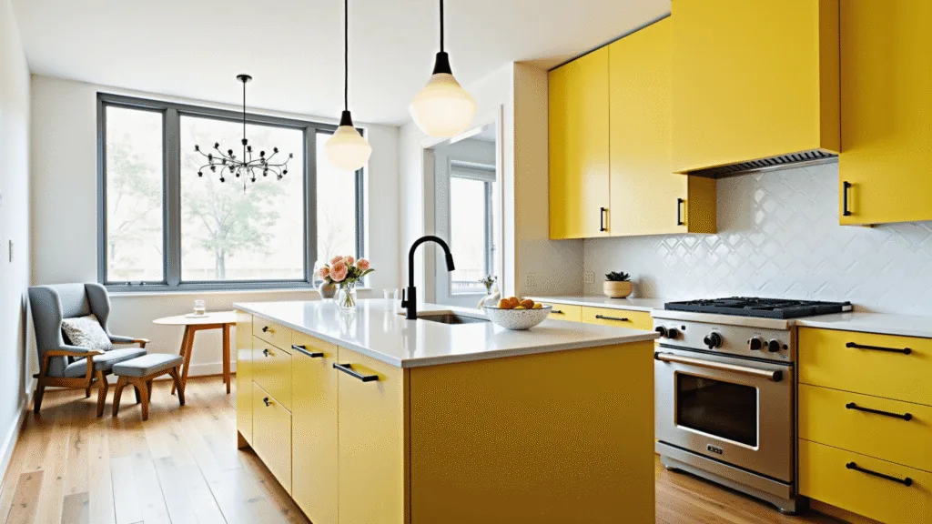 "Modern yellow kitchen with white quartz countertops, black hardware, floor-to-ceiling windows with bright morning light"
