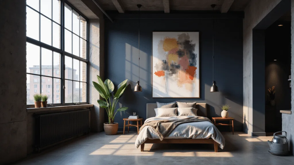 "Moody industrial loft bedroom with dark walls, queen bed, concrete floor, abstract art, and morning shadows"