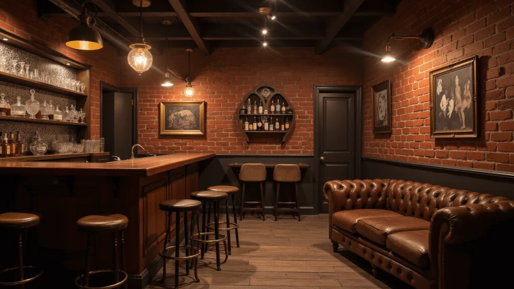 "Moody speakeasy basement bar with mahogany wood counter, leather sofa, brass pendant lights, and vintage cocktail glasses in a warm golden hour glow."