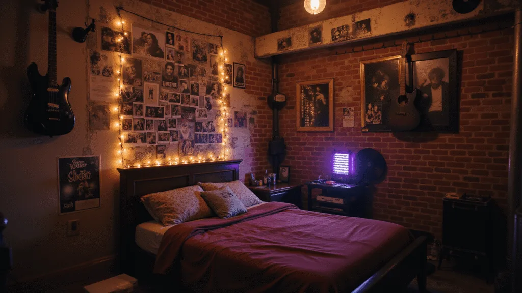"Moody grunge-style bedroom with vintage posters, fairy lights, guitars, vinyl records and purple LED lighting"