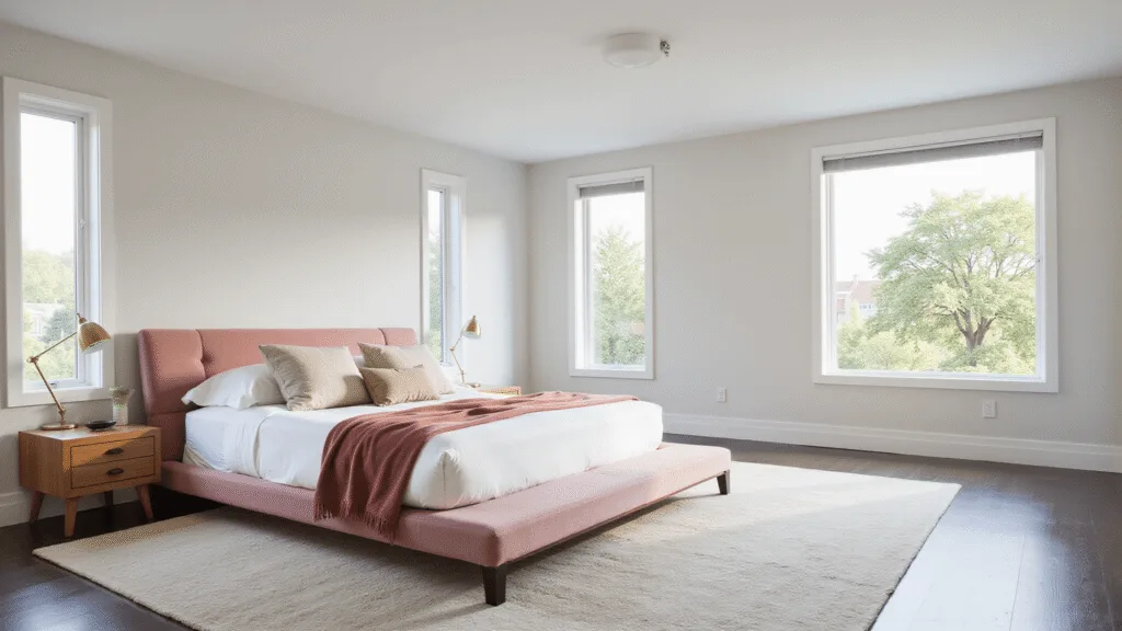 "Minimalist pink and white bedroom with velvet texture and brass accents, featuring floating nightstands and a platform bed near large windows allowing in diffused morning sunlight."