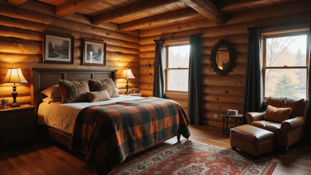"Rustic cabin bedroom with wooden beams, warm lighting, plaid throws, faux fur pillows, and Persian rug on hardwood floors"