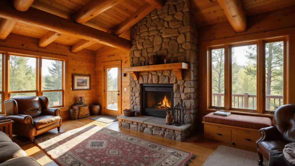 "Interior of a rustic cabin with wooden beams, stone fireplace, leather armchair, and sunlight shining through tall windows"