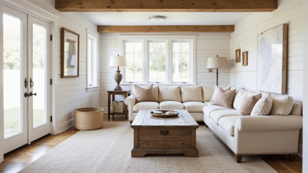 "Rustic farmhouse living room with cream sofa, exposed beams, natural light through windows, vintage decor, neutral palette, textured throws, wooden accents, and shiplap walls."