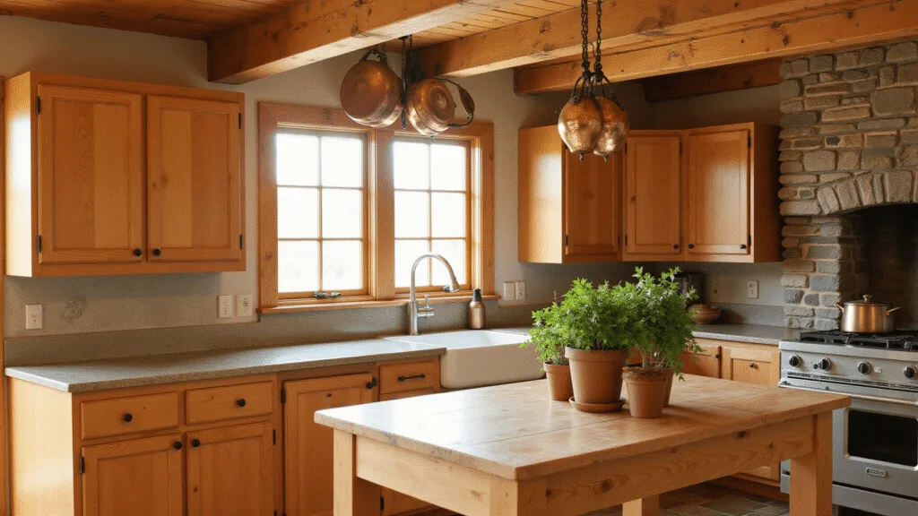 "Rustic farmhouse kitchen with warm wood cabinets, stone hearth, hanging copper pots, herbs, farmhouse sink and butcher block island in morning light"