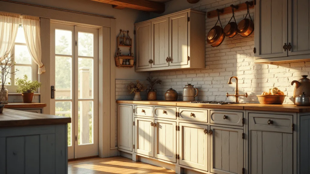 "Rustic farmhouse kitchen with antique white cabinets, brass fixtures, and sunlight streaming through lace curtains"