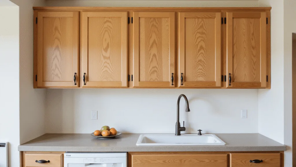 "Rustic hickory kitchen cabinets with natural wood grain patterns under warm golden light in a farmhouse-style kitchen with a clean background"
