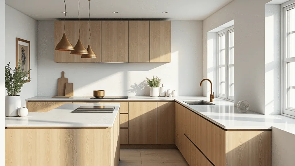 "Scandinavian kitchen with light oak cabinets, white quartz countertops, brass pendant lights, and sunlit interior"