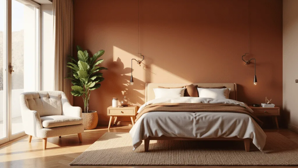 "Modern warm bedroom with terracotta walls, cream boucle chair, jute rug, brass touches and natural sunlight"
