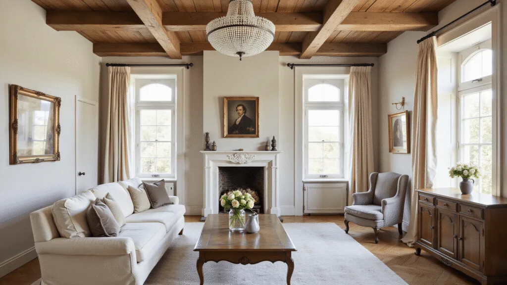 "Sunlit French Provincial living room with vintage furniture and exposed wooden beams"