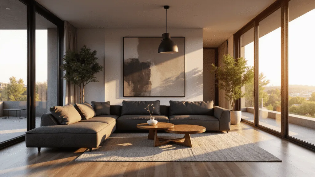 "Sunlit contemporary living room with charcoal sectional sofa, abstract art, and floor-to-ceiling windows during golden hour"
