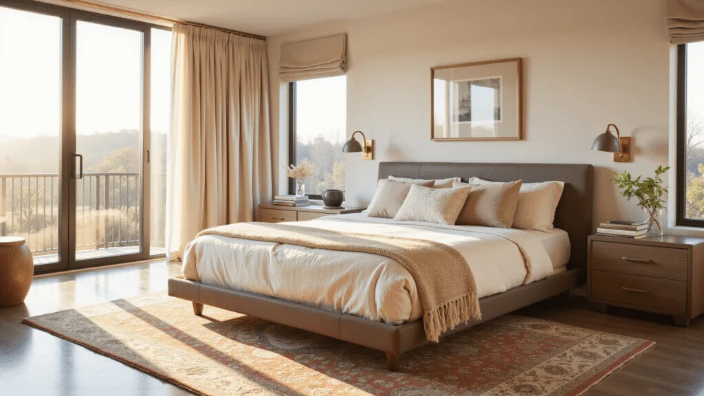 "Sunlit transitional bedroom with beige bedding, brass sconces, Persian rug, and floor-to-ceiling windows"